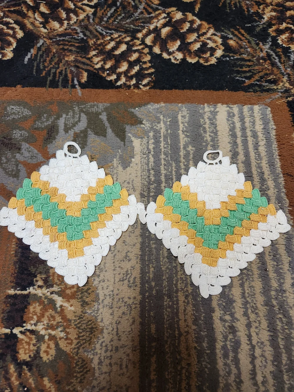 Handmade White, Yellow & Green Crochet Pot Holders - Set of 2
